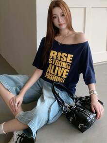 K-Vae Women's Navy Blue Asymmetrical Shoulder Short Sleeve T-Shirt, Contrast Color Letter Print, Loose Fit Flattering Top Daytime Summer Street Wear - Navy Blue - View 4