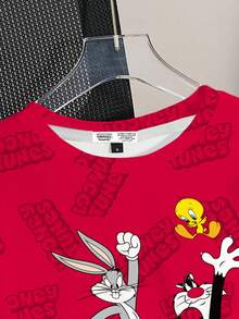 LOONEY TUNES X SHEIN 女士休闲可爱卡通图案短款短袖T恤，夏季 - 白色 - 查看 5