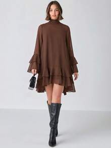 Enchnt Women's Solid Color Stand Collar Flare Sleeve Layered Ruffle Hem Fashion Dress - Coffee Brown - View 6