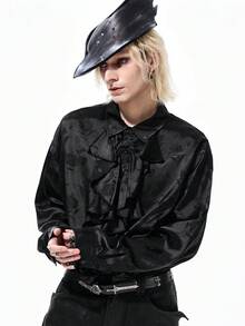 ROMWE MEN Goth 男士复古哥特城堡黑色领长袖衬衫 - 黑色 - 查看 5