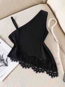 SHEIN 女童休閒個性化細肩帶背心上衣，黑白針織面料，不對稱肩帶與下擺，適合旅行、度假、散步、外出，可搭配長褲、短褲、裙子、外套 - 黑色 - 查看 7
