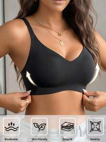 SHEIN Bra Push-Up Tanpa Kawat Tanpa Jahitan dengan Cup Cetak, Bahan Jelly Strip Lembut untuk Wanita, 1 buah - Hitam - View 3