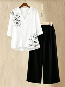 Linhara Plus Size Women's Elegant Intellectual Minimalist Style Ink Floral Print Shirt And Simple Long Pants 2-Piece Set, Suitable For Workplace Commute, Daily Casual Outings, Everyday Wear - Black and White - View 8