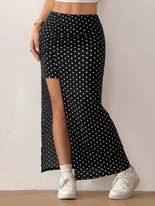 SHEIN EZwear Women's Beach Vacation Polka Dot Print High Slit Skirt, Spring/Summer - Black - View 4