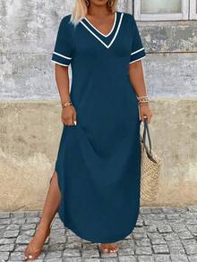 Breezaya Plus Size Vacation Casual Color Block Striped Dress - Royal Blue - View 3
