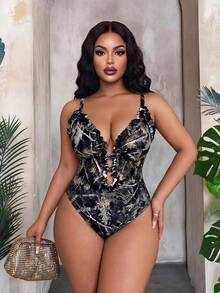 Maweii 2026 New Summer Beach Vacation Sexy Camouflage Tree Print, Ruffle Trim Plus Size One-Piece Swimsuit, Suitable For Vacation And Parties - Multicolor - View 1