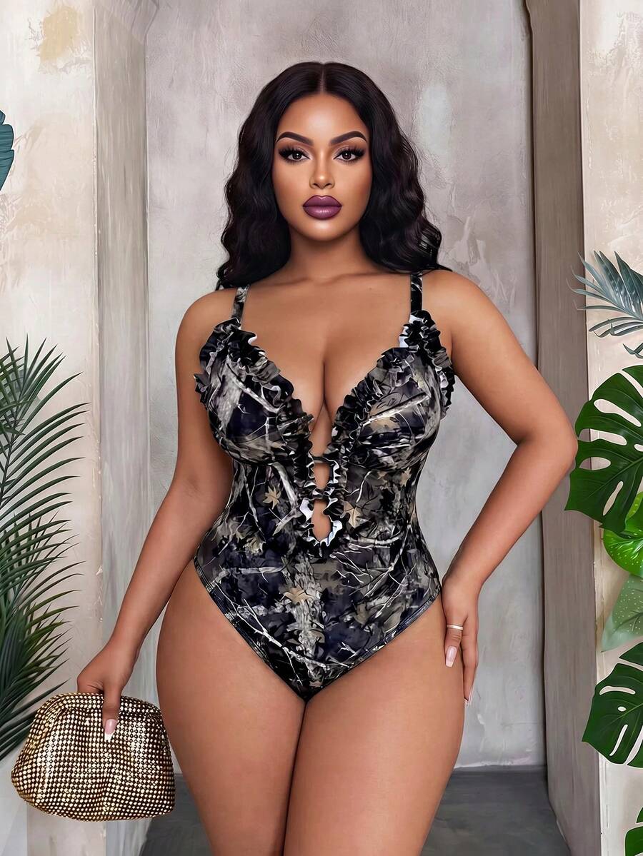 Maweii 2026 New Summer Beach Vacation Sexy Camouflage Tree Print, Ruffle Trim Plus Size One-Piece Swimsuit, Suitable For Vacation And Parties - Multicolor - View 1