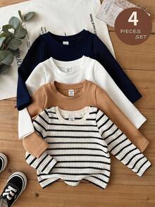 LMoss Kids 4pcs Baby Boy Knitted Solid Striped Crew Neck Casual Tops Set - Multicolor - View 7