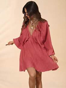 Travachic Solid Color Woven Loose V-Neck Long Sleeve Mini Dress For Women, Suitable For Spring/Summer Vacation - Dusty Purple - View 5
