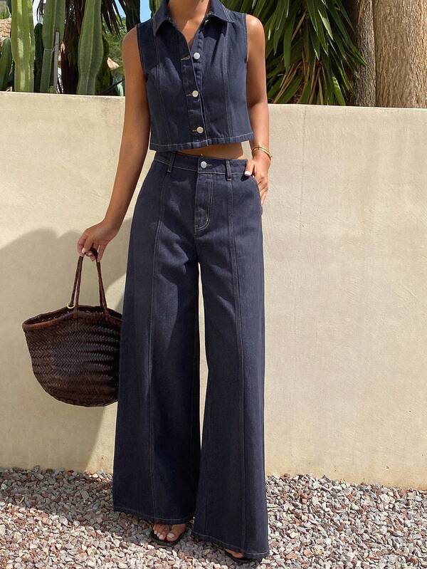 DAZY Contrast Stitching Lapel Sleeveless Vest & Wide Leg Pants Casual Vacation Summer Denim Set For Women