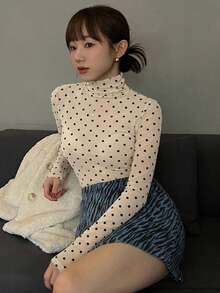 DAZY 波點圖案修身保暖內裡套頭高領女款T恤 - 黑色 - 查看 6
