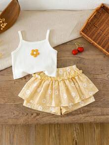 Emery Rose Kids Emery Rose Kids 少女 3D 花朵裝飾細肩帶上衣與格紋裙褲可愛套裝 - 黃色 - 查看 7