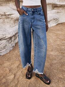 Maija Women's Loose Casual Frayed Hem Tapered Jeans With Side Pockets - Dark Wash - View 5