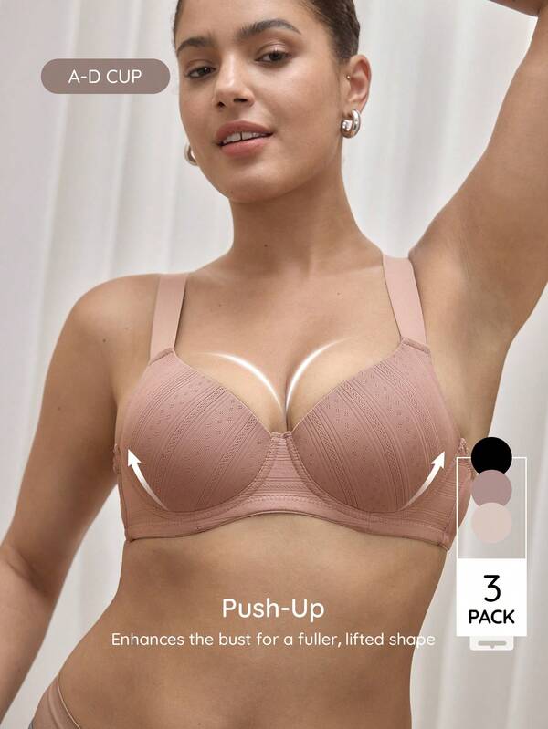 Wedaily 3pcs/Set Casual Soft Comfortable Wide Strap Supportive Breathable Wireless Everyday All-Match Bras Set