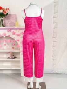 PetitDoll Ensemble de pyjama 2 pièces grande taille série douce à imprimé pois et patchwork avec volants - Rose bonbon - Voir 5