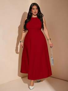 SHEIN BAE 大尺碼女款秋冬春季大擺船領優雅長版無袖洋裝 - 紅色 - 查看 7