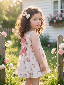 SHEIN Vintaside Kids 女嬰 3個月-3歲洋裝，1件休閒可愛日常風格秋季女童套裝，棕色蝴蝶結裝飾無袖澎澎洋裝 - 粉色 - 查看 8