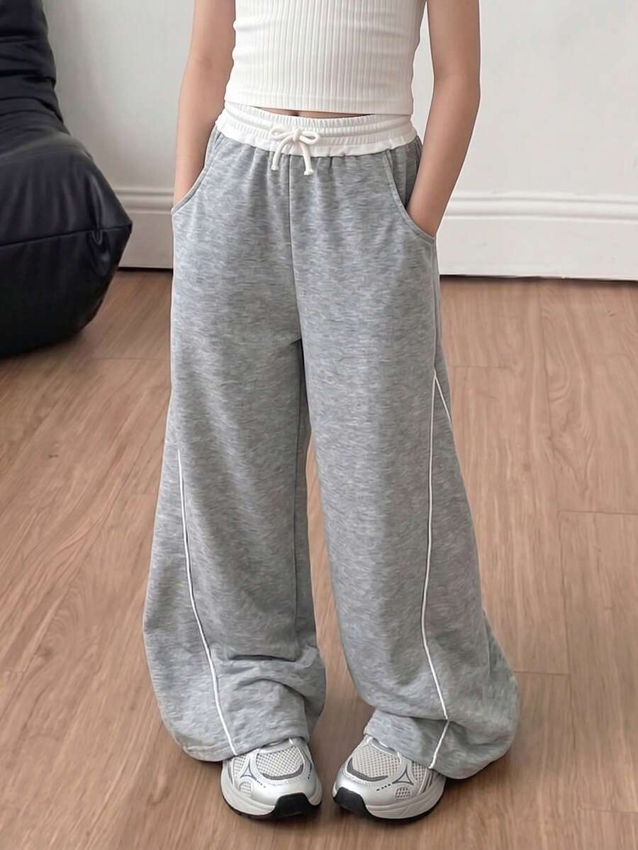 Mom & Tween Girls Matching Grey Wide Leg Sweatpants, Elastic Waist Drawstring Pants, Family Set - Grey - View 1