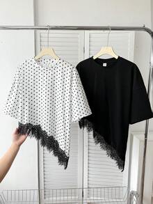 SHEIN 兒童青少年女孩休閒優雅純黑色蕾絲拼接與圓點印花不對稱下擺寬鬆短袖2件組T恤套裝，春/夏黑色上衣圓點上衣2件組 - 黑與白 - 查看 3