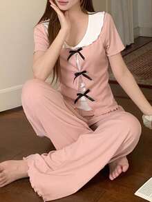 DAZY Women's Bow Decor Short Sleeve Top And Pants Pajama Set - Pink - View 7