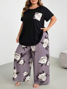 SHEIN CURVE+ Große Größen bedrucktes Kurzarm-Langhose-Pyjama-Set, Outfits - Verschiedenfarbig - Übersicht 2