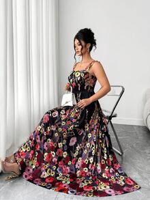 Elenzga Plus Size Women's Spaghetti Strap Dress, Elegant Lady Style Evening Gown, Waist Cinching, Slimming - Black - View 9