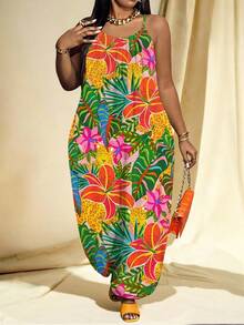 Slaydiva Casual Tropical Rainforest Leaf Print Plus Size Women's Apricot Camisole Jumpsuit Suitable For Spring And Summer - Multicolor - View 6