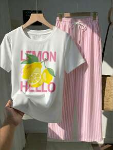 Divinelle 女款休閒短袖T恤與條紋長褲套裝，夏季套裝，檸檬印花，條紋印花，適合日常通勤、約會、派對、秋冬春夏、聖誕節、新年、感恩節、派對、婚禮、海灘、畢業典禮、時尚、優雅、休閒、外出、約會、約會、通勤 - 彩色 - 查看 5
