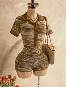 Soleia Women's Vacation Casual Boho Short Sleeve Fitted Knit Romper, Date Beach, West Music Festival Bohemia Brown Striped, Street, No Breast Pads Autumn - Multicolor - View 3