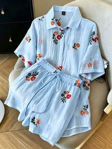 GlowEve 女款休閒碎花刺繡雪紡蝙蝠袖上衣短褲套裝 - 藍色 - 查看 1