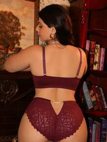 Divavoom 2 piezas Conjunto de lencería con sujetador inalámbrico de encaje de contraste y levantamiento para tallas grandes - Burdeos - Ver 2