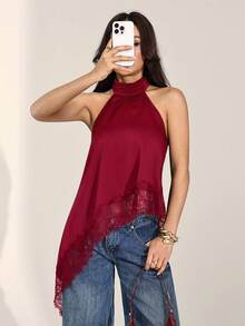SHEIN PETITE 女款蕾絲飾邊掛脖休閒百搭日常外出上衣 - 紅色 - 查看 11