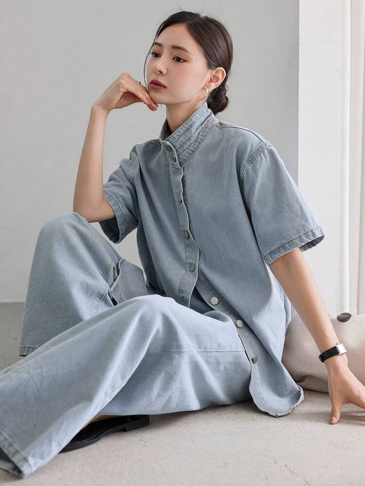 Women's Stand Collar Single-Breasted Top And Long Pants Casual Denim Suit Business Casual Woman