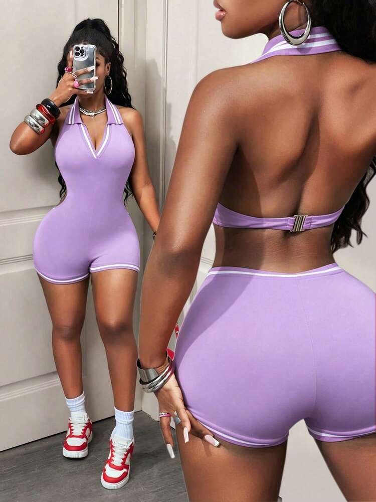 BamGleam Women's V-Neck Backless Light Purple Trim Fitted Jumpsuit Night Out Summer Sexy Workout Sets For Women Sexy Outfits Autumn Fall Outfits Winter Clothes - Mauve Purple - View 1