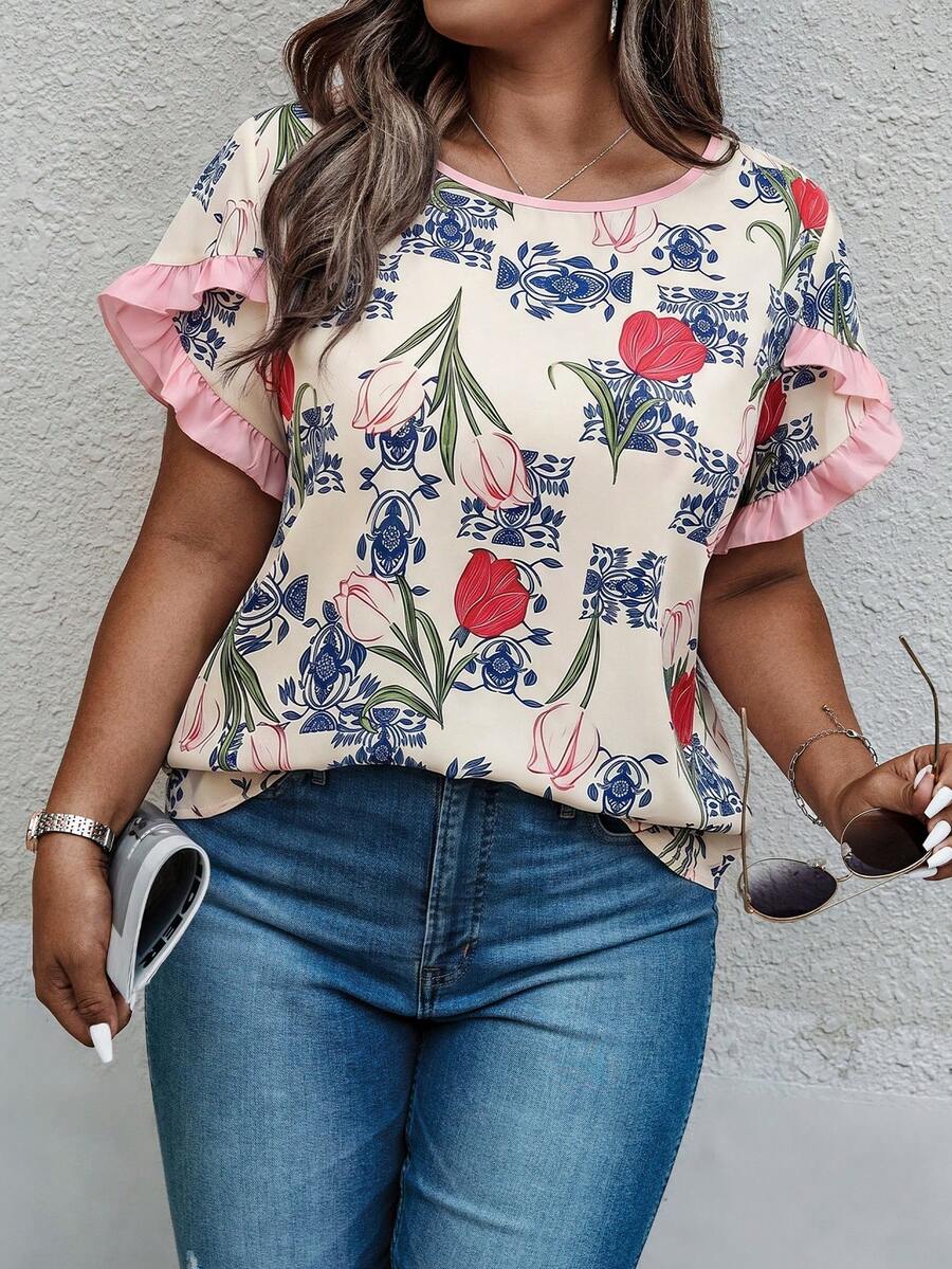 Weeklong Plus Size Women's Spring/Summer Ruffle Petal Sleeve Striped Print Casual Vacation Shirt - Multicolor - View 1