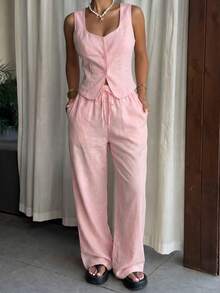 SHEIN EZwear 女士浅粉色纽扣亚麻吊带背心和抽绳腰长裤套装 - 淺粉色 - 查看 3