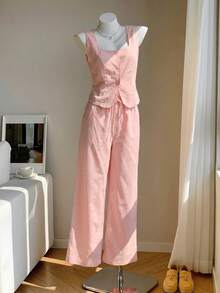 SHEIN EZwear 女士浅粉色纽扣亚麻吊带背心和抽绳腰长裤套装 - 淺粉色 - 查看 4