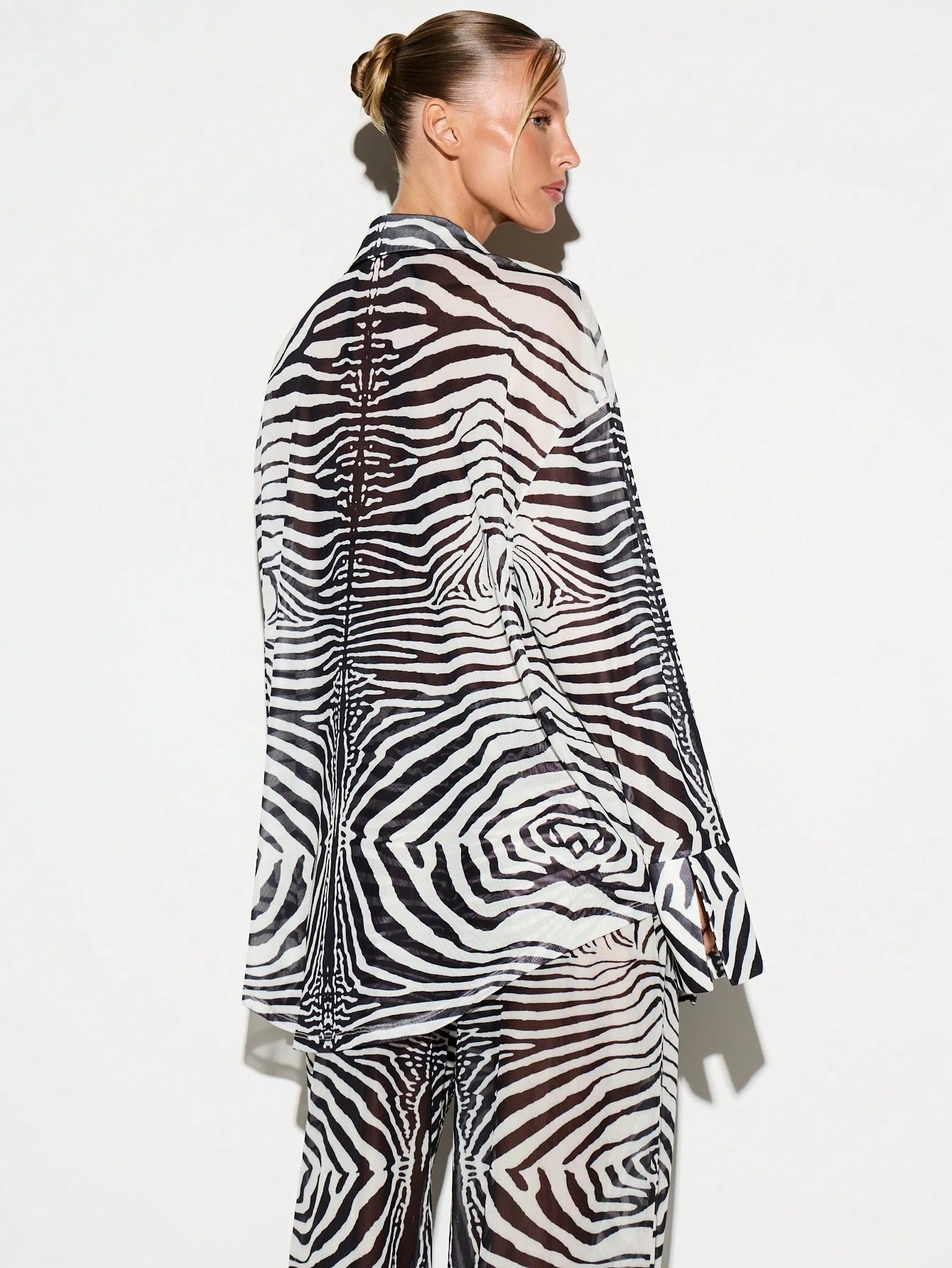 Zebra Print Sheer Mesh Shirt With Bell Sleeves