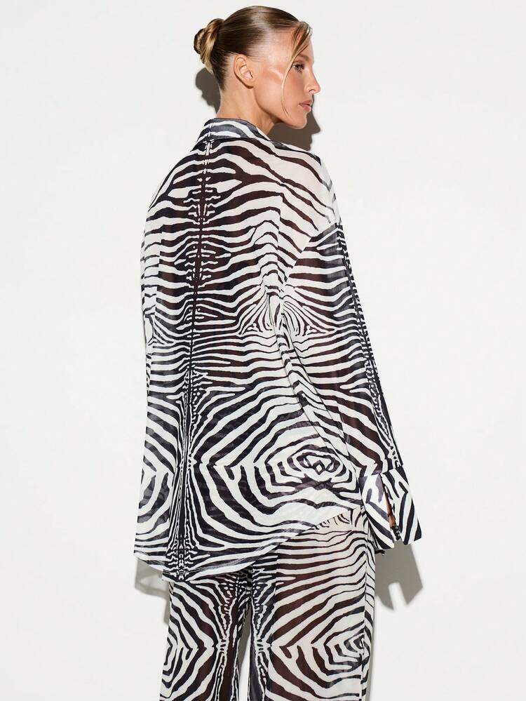 Zebra Print Sheer Mesh Shirt With Bell Sleeves