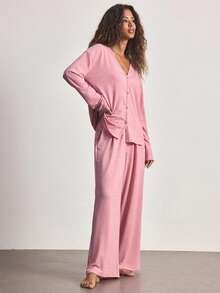 Ocili Minimalist Comfortable Collarless Soft Pajama Set For Women - Watermelon Pink - View 5