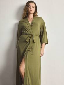 Ocili Comfortable Soft Minimalist Long Sleeve Plus Size Robe - Dark Green - View 6