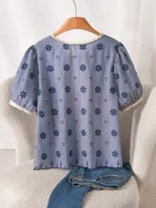 CosyJoli 大尺碼女款刺繡襯衫，休閒女裝蕾絲襯衫春/夏短袖上衣 - 藍色 - 查看 3