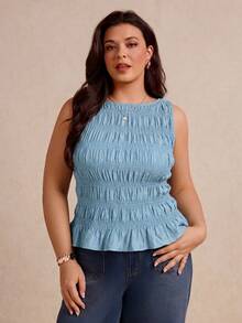 Elaquor Plus Size Women's Solid Color Pleated Ruffle Hem Sleeveless Tank Top - Baby Blue - View 5