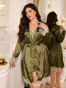 MuseNap CURVE Plus Size Faux Silk & Lace Trim Robe - Dark Green - View 4