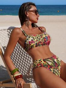 Swim Vcay 2026 Spring/Summer New Leopard Print Floral Pattern Women's Swimwear Set, Sexy Tropical Casual Style Bikini, Rock Y2K Beach Vacation Outfit Yellow - Multicolor - View 5