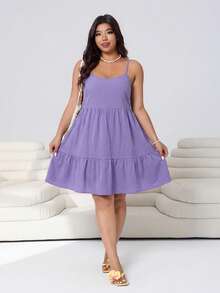 Solflare Gaun Wanita Ukuran Plus Warna Lilac untuk Musim Semi/Panas dengan Tali Bahu Tipis - Lilac Purple - View 6