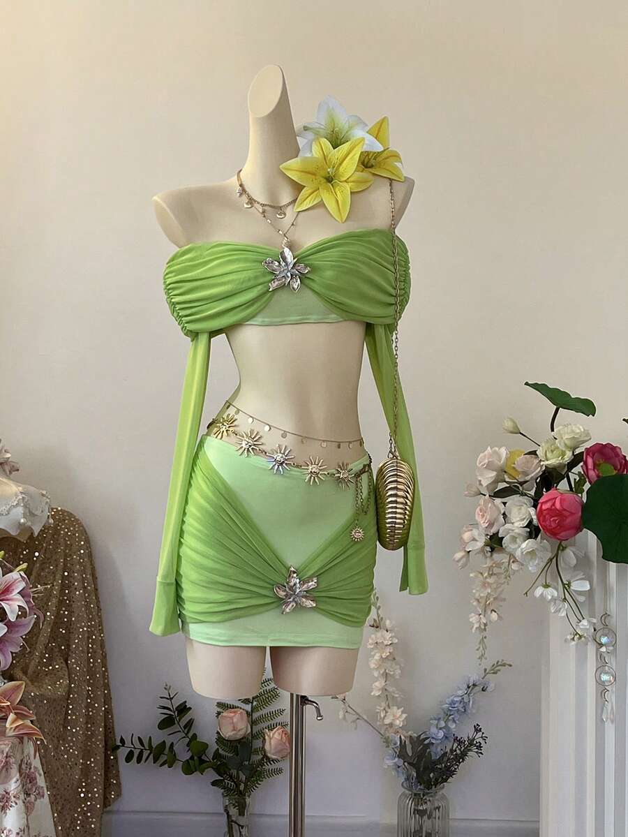 Noixe Women's Metal 3D Flower Decor Shoulder Top And Skirt Fashion Disco Sexy Two Pieces Set Club Party Rave Lime Green Autumn Light Green - Green - View 1