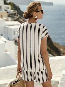 EMERY ROSE Women's V-Neck Striped Colorblock Top And Shorts Casual Daily 2-Piece Set - Apricot - View 2