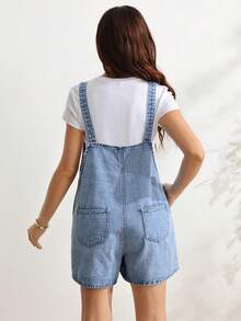 SHEIN Maternity Casual Denim Overall Shorts With Pocket Design - Medium Wash - View 2