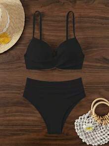 SHEIN Swim Women's Solid Color Ruched Camisole Top And Triangle Bikini Bottom Swimsuit Set (Underwire Style) - Black - View 5